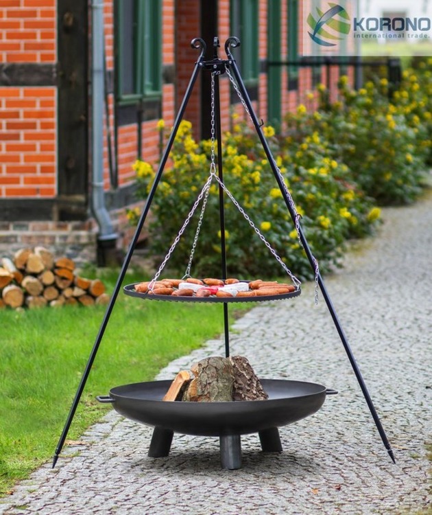 Grill na trójnogu Korono KOR104/304 80cm/100cm z rusztem ze stali czarnej oraz palenisko ogrodowe