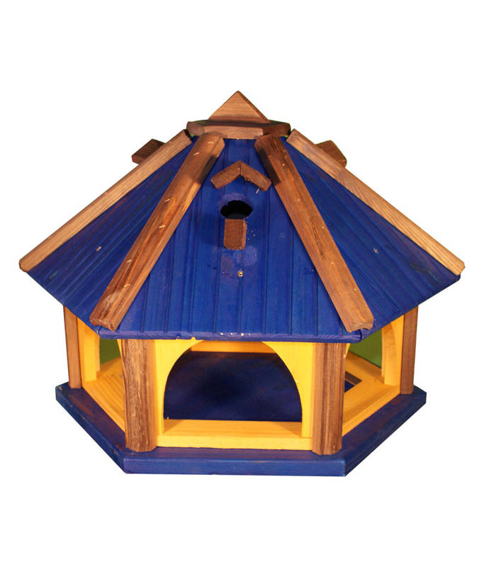 Karmnik dla ptaków z budką lęgową Drew-Handel KL50N 52cm Niebieski karmnik wykonany z drewna iglastego odpornego na warunki atmosferyczne