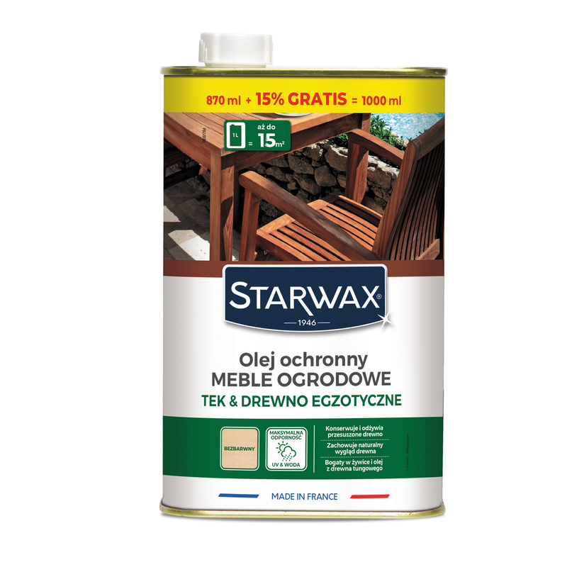 Olej ochronny do teku i drewna egzotycznego STARWAX 43775 1L odżywia wysuszone drewno i meble ogrodowe
